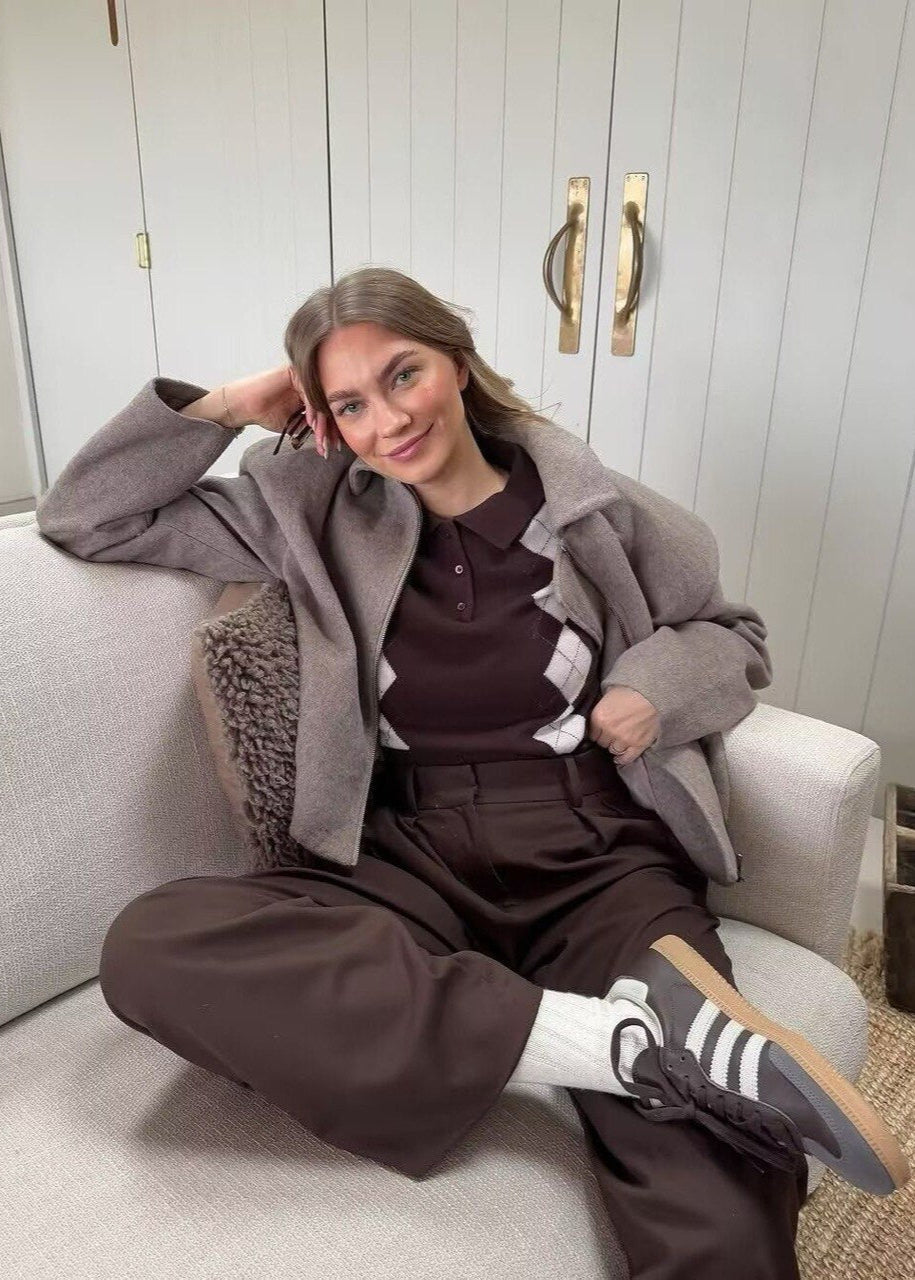 Structured Zip Up Wool Blend Jacket Taupe
