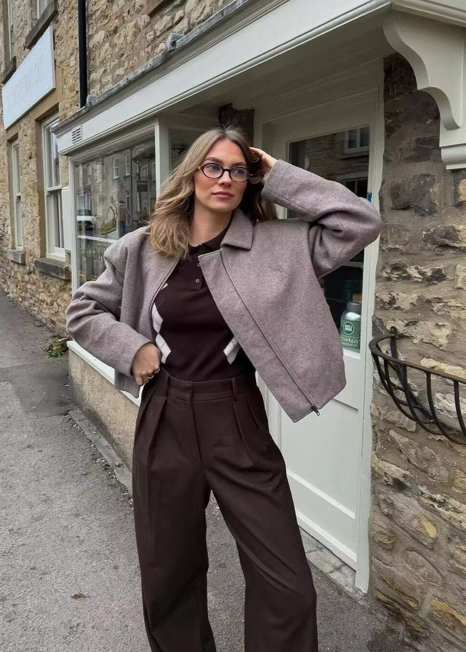 Structured Zip Up Wool Blend Jacket Taupe