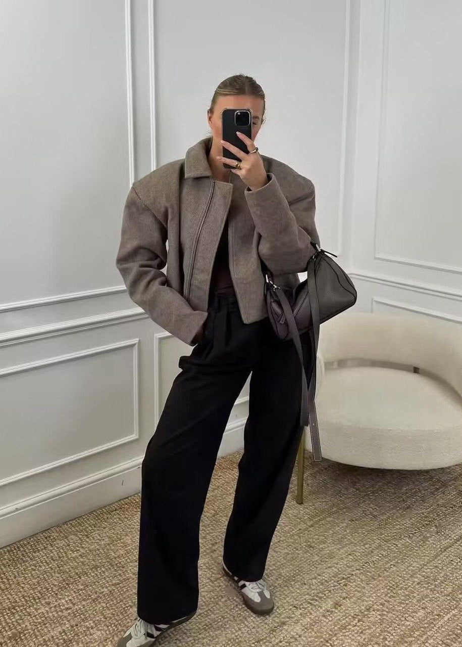 Structured Zip Up Wool Blend Jacket Taupe