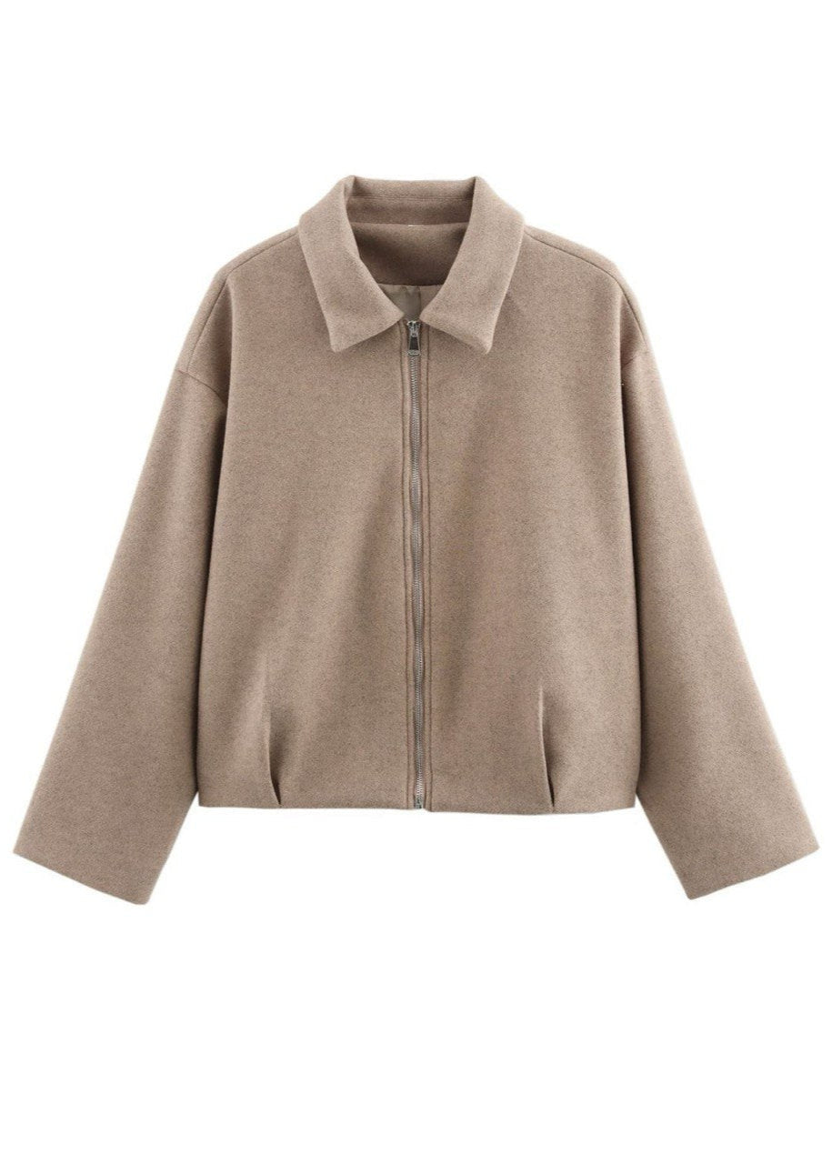 Structured Zip Up Wool Blend Jacket Taupe