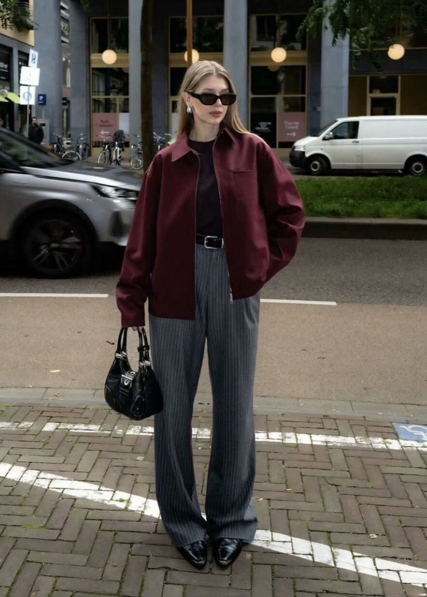 Oversized Zip Up Jacket Structured Polyester Burgundy