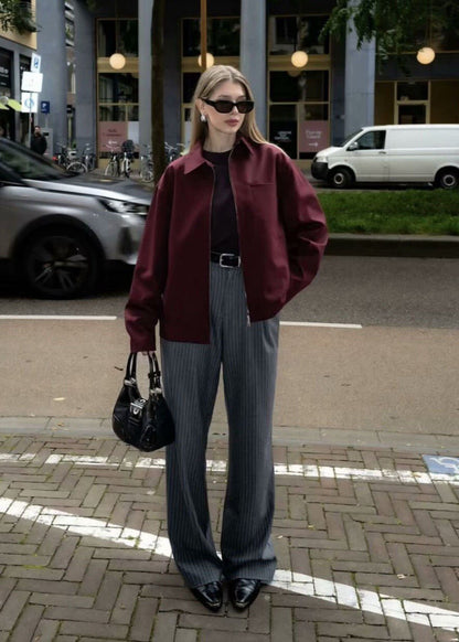Oversized Zip Up Jacket Structured Polyester Burgundy