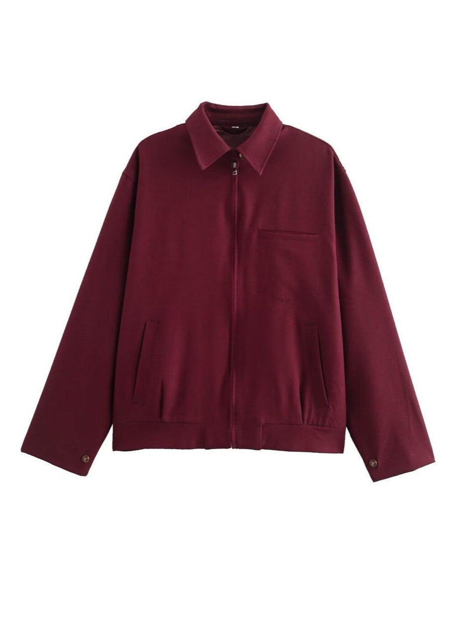 Oversized Zip Up Jacket Structured Polyester Burgundy