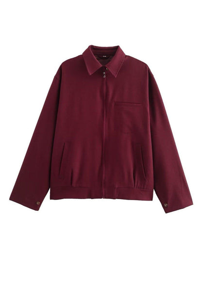Oversized Zip Up Jacket Structured Polyester Burgundy