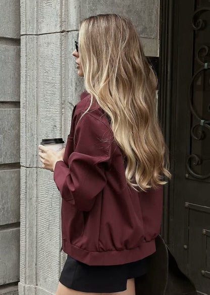 Oversized Zip Up Jacket Structured Polyester Burgundy