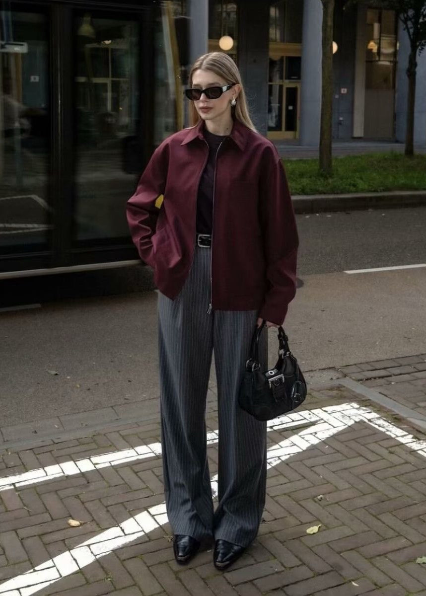 Oversized Zip Up Jacket Structured Polyester Burgundy