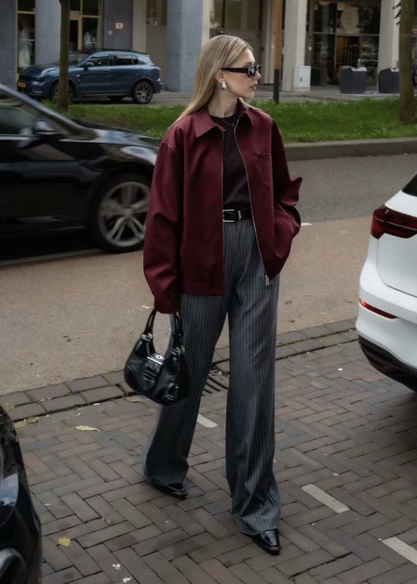 Oversized Zip Up Jacket Structured Polyester Burgundy