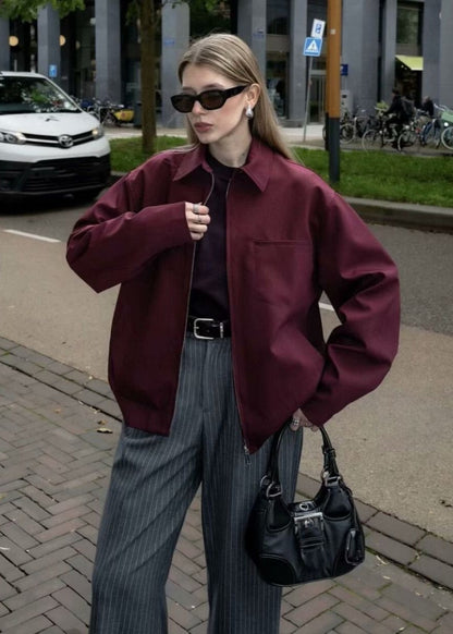 Oversized Zip Up Jacket Structured Polyester Burgundy