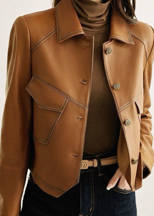 Cropped Faux Leather Jacket In Caramel Brown
