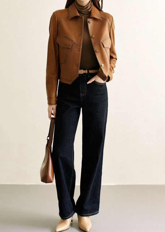 Cropped Faux Leather Jacket In Caramel Brown