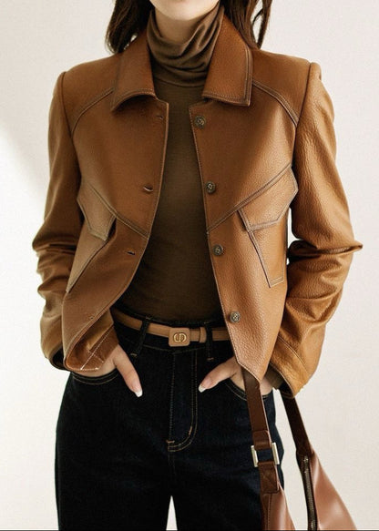 Cropped Faux Leather Jacket In Caramel Brown