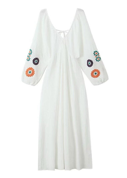 Embroidered Polyester Maxi Dress With Balloon Sleeves