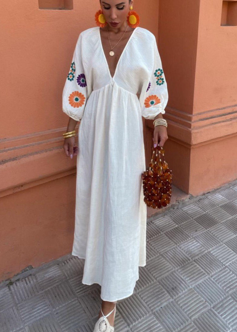 Embroidered Polyester Maxi Dress With Balloon Sleeves