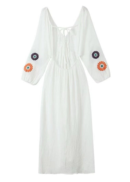 Embroidered Polyester Maxi Dress With Balloon Sleeves