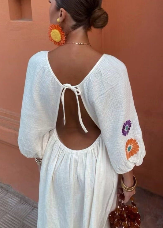 Embroidered Polyester Maxi Dress With Balloon Sleeves