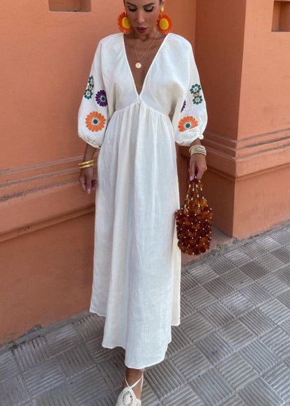 Embroidered Polyester Maxi Dress With Balloon Sleeves