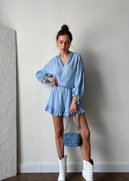 Lounge Set Breathable Fabric Long Sleeve Top Ruffled Shorts