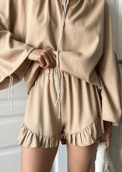 Lounge Set Breathable Fabric Long Sleeve Top Ruffled Shorts