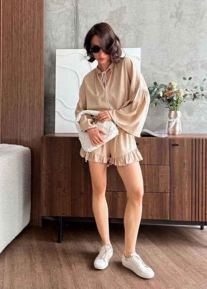 Lounge Set Breathable Fabric Long Sleeve Top Ruffled Shorts