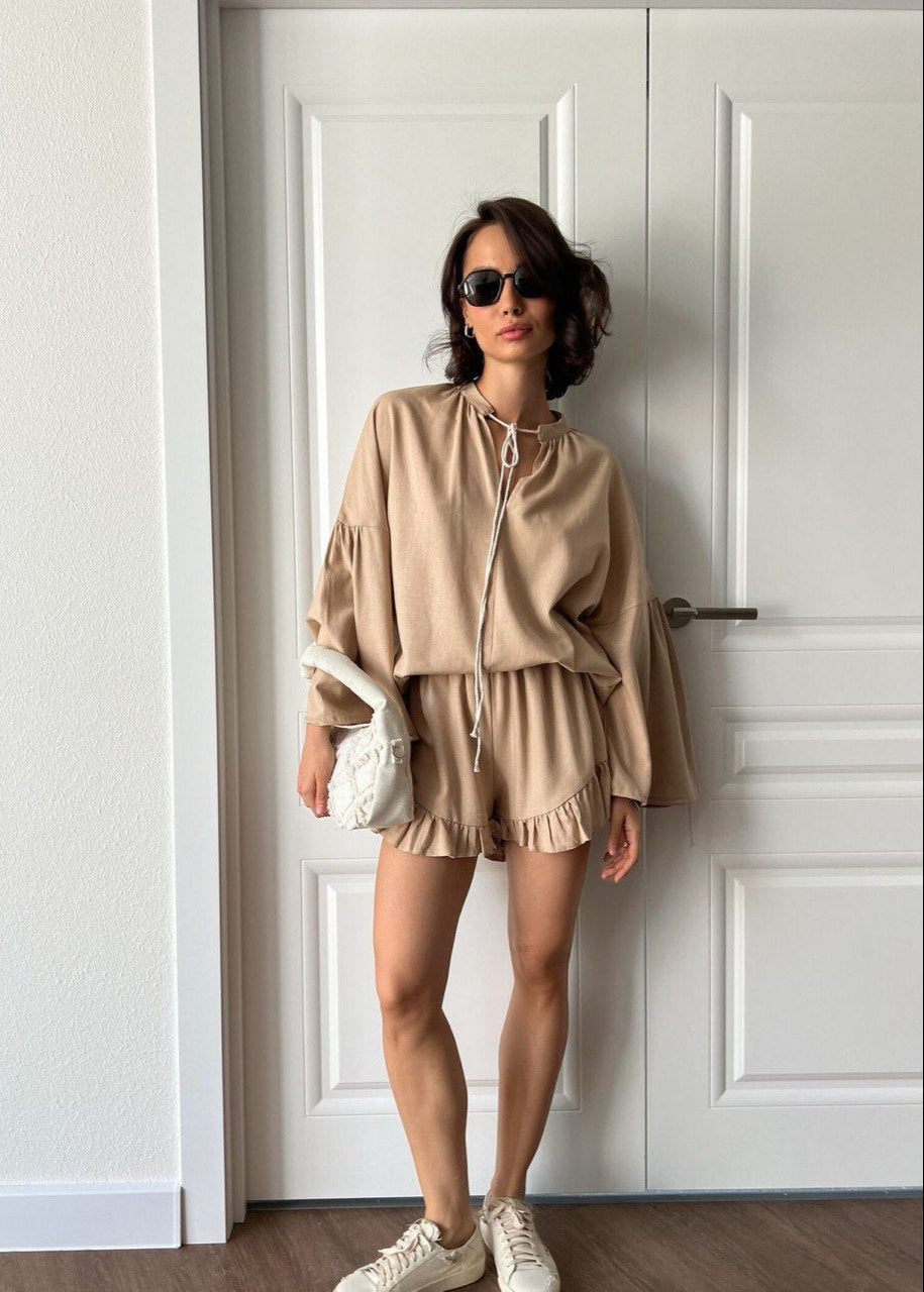 Lounge Set Breathable Fabric Long Sleeve Top Ruffled Shorts