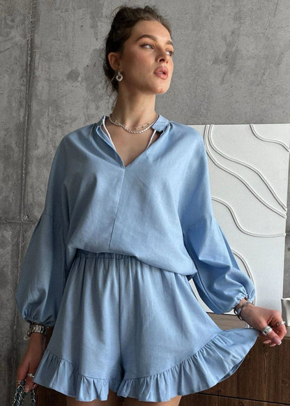 Lounge Set Breathable Fabric Long Sleeve Top Ruffled Shorts