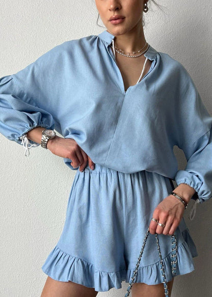 Lounge Set Breathable Fabric Long Sleeve Top Ruffled Shorts