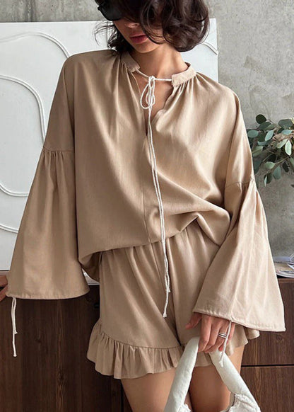 Lounge Set Breathable Fabric Long Sleeve Top Ruffled Shorts