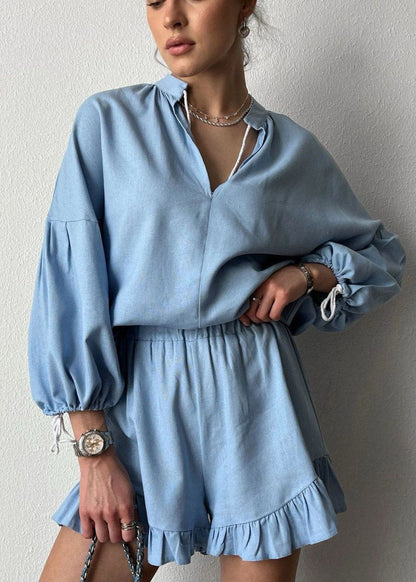 Lounge Set Breathable Fabric Long Sleeve Top Ruffled Shorts