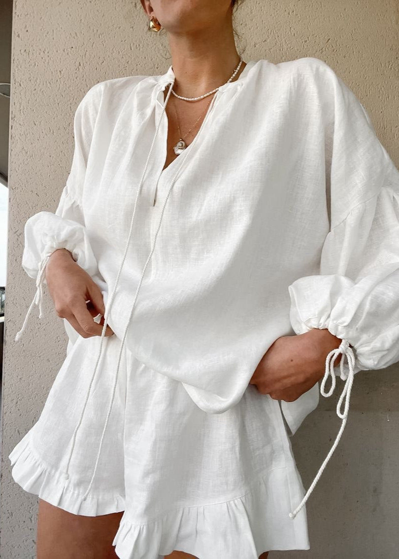 Cotton Lounge Set With Long Sleeve Top And Ruffled Shorts