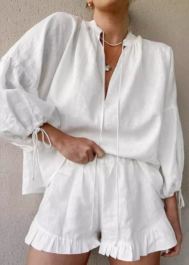 Cotton Lounge Set With Long Sleeve Top And Ruffled Shorts