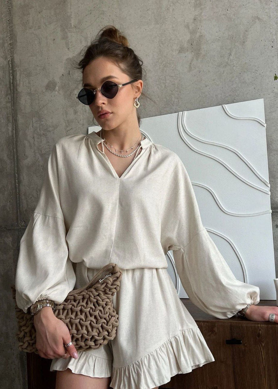Cotton Lounge Set With Long Sleeve Top And Ruffled Shorts