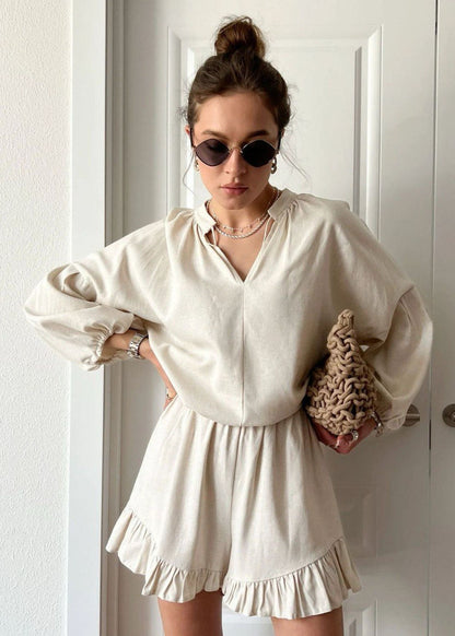 Cotton Lounge Set With Long Sleeve Top And Ruffled Shorts