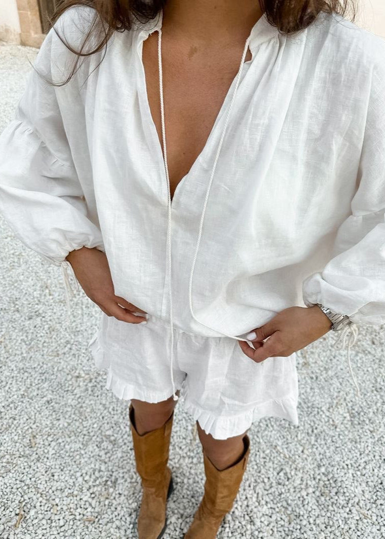Cotton Lounge Set With Long Sleeve Top And Ruffled Shorts