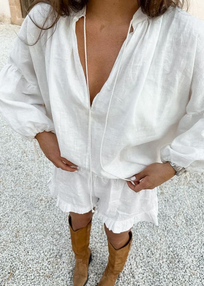 Cotton Lounge Set With Long Sleeve Top And Ruffled Shorts
