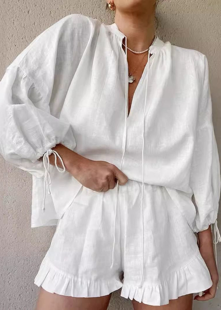 Cotton Lounge Set With Long Sleeve Top And Ruffled Shorts