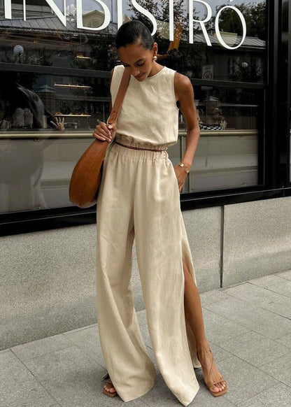 Wide Leg Set Lightweight Beige Sleeveless Top Palazzo Pants