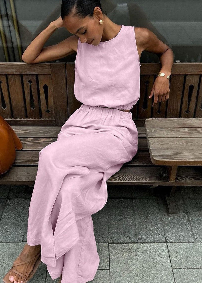 Wide Leg Set Lightweight Beige Sleeveless Top Palazzo Pants