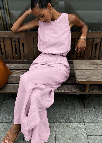 Wide Leg Set Lightweight Beige Sleeveless Top Palazzo Pants