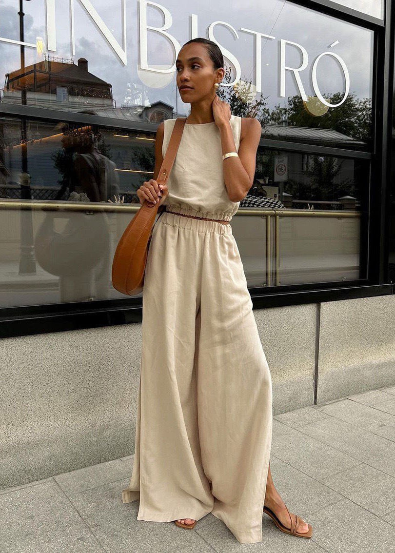 Wide Leg Set Lightweight Beige Sleeveless Top Palazzo Pants