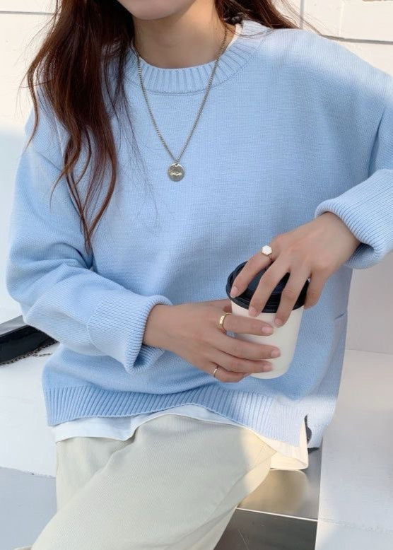Soft Knit Crewneck Pullover With Ribbed Details