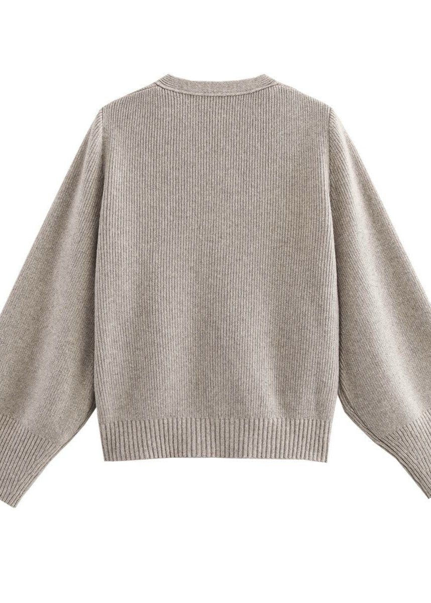 Ribbed Knit V Neck Cardigan Beige