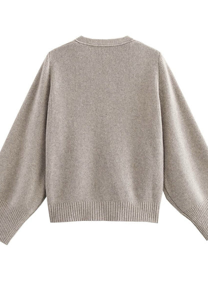 Ribbed Knit V Neck Cardigan Beige