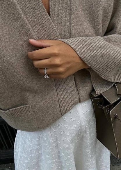 Ribbed Knit V Neck Cardigan Beige