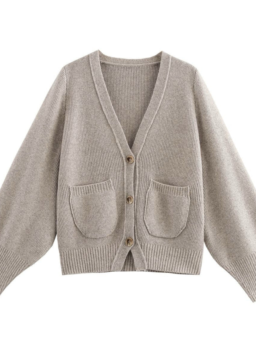 Ribbed Knit V Neck Cardigan Beige