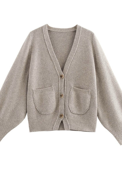 Ribbed Knit V Neck Cardigan Beige