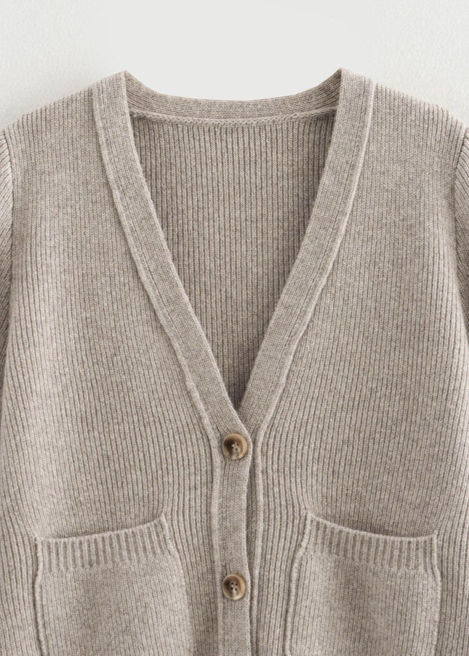 Ribbed Knit V Neck Cardigan Beige