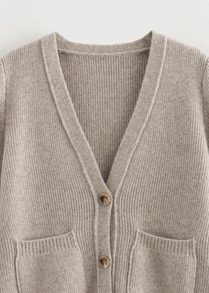Ribbed Knit V Neck Cardigan Beige