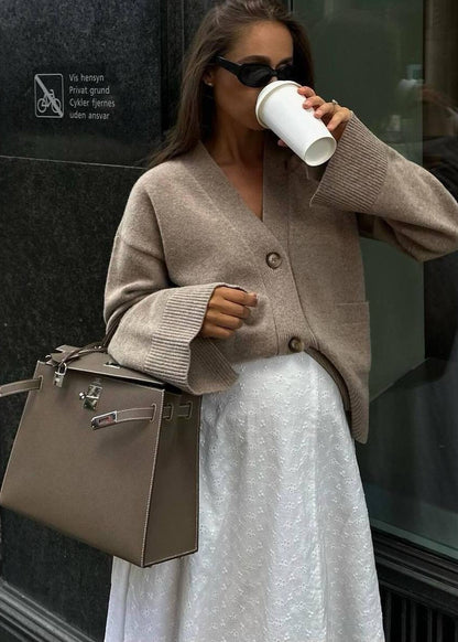Ribbed Knit V Neck Cardigan Beige