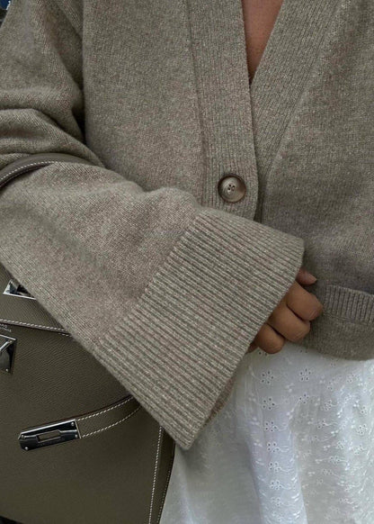 Ribbed Knit V Neck Cardigan Beige