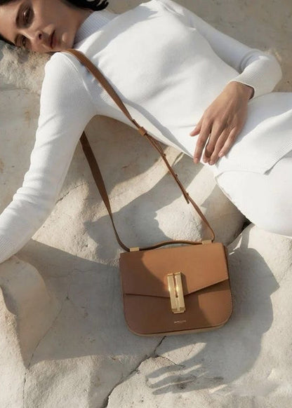 Structured Black Leather Shoulder Bag With Gold Clasp
